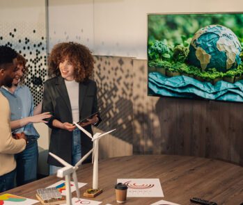 Profissionais discutem sustentabilidade corporativa em sala com maquete de turbinas eólica e gráfico ESG, ao lado de tela com imagem do planeta Terra