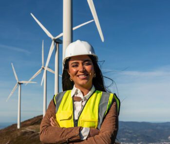 Gestora ambiental com capacete e colete de segurança em parque eólico, simbolizando liderança feminina e atuação profissional na energia renovável e sustentabilidade.