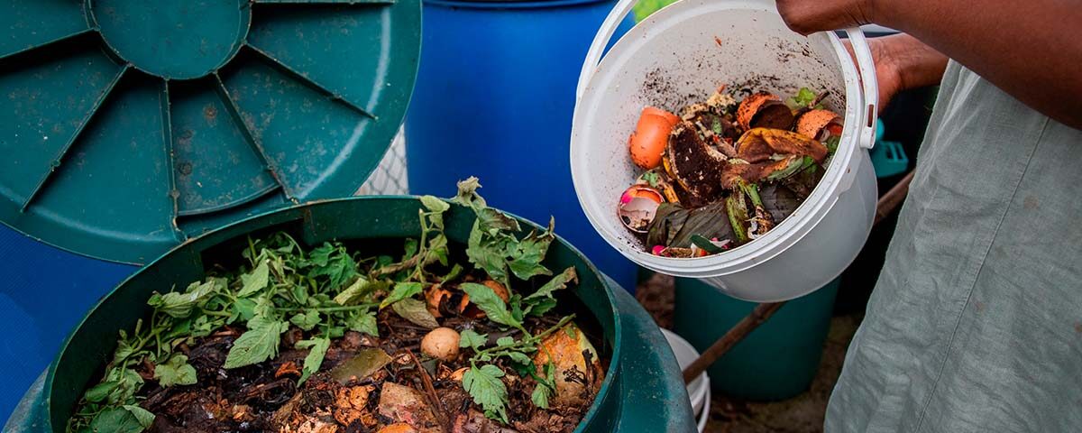 Pessoa despejando resíduos orgânicos em composteira doméstica, demonstrando prática sustentável de transformação de lixo orgânico em adubo ou energia limpa.