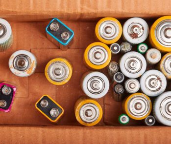 Caixa com pilhas e baterias usadas aguardando descarte ou reciclagem adequada. Logística reversa, sustentabilidade e geração de renda com a reciclagem de resíduos eletrônicos perigosos.