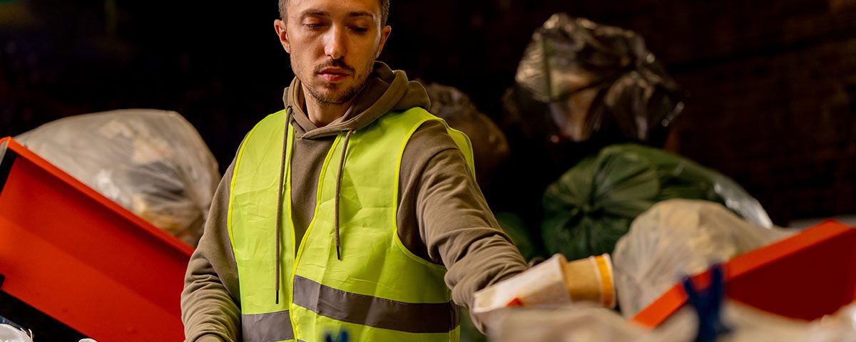 Profissional com colete refletivo separando resíduos em centro de triagem, ilustrando como montar uma empresa de reciclagem em 7 passos.