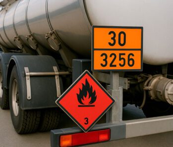 Imagem criada por IA de um caminhão-tanque utilizado para transporte de produtos perigosos, com destaque para a sinalização de risco: painel laranja com o número ONU 3256 e símbolo de inflamabilidade (classe 3). A cena ilustra o transporte de resíduos perigosos conforme as normas da ABNT e legislação brasileira, incluindo a necessidade de classificação pelo grupo de embalagem e código ONU. Ideal para conteúdos sobre gestão de resíduos perigosos, transporte de produtos químicos, normas de segurança e logística ambiental.