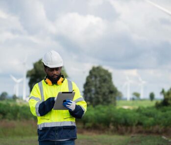 Homem com equipamento de segurança (capacete e colete) segura um tablet em frente a um campo com turbinas eólicas.