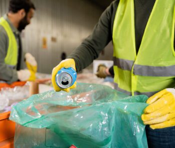 Profissional com colete de segurança manuseando lata de alumínio em centro de triagem de sucata, demonstrando práticas corretas de destinação de resíduos recicláveis conforme a legislação ambiental.